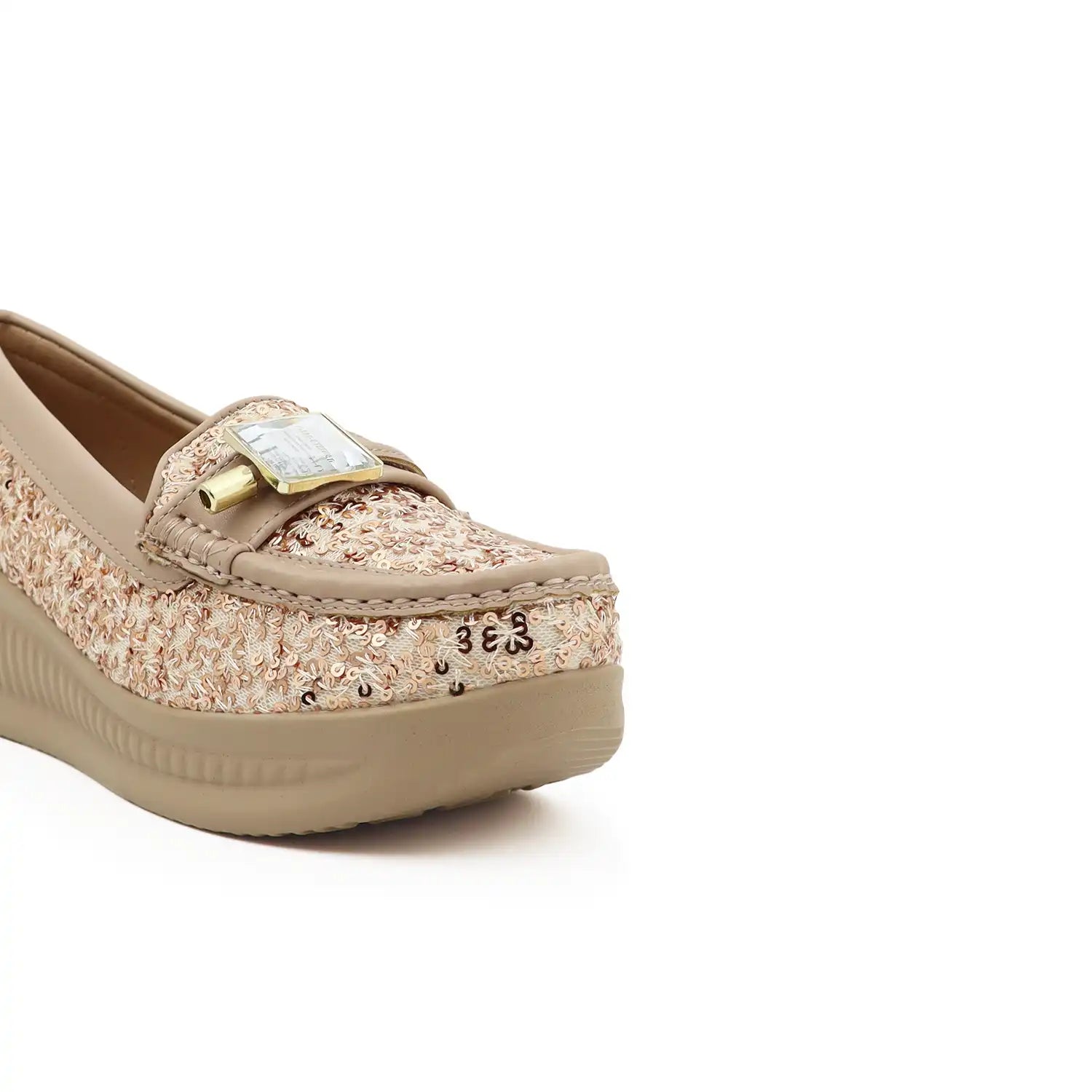 Women's 1.5 inch platform loafers with cushioned shoe bed in Rose gold, close up view