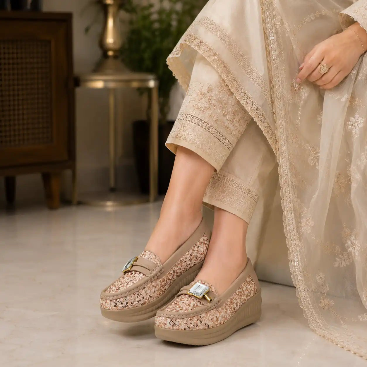 Women's 1.5 inch platform loafers with cushioned shoe bed in Rose gold, lifestyle view