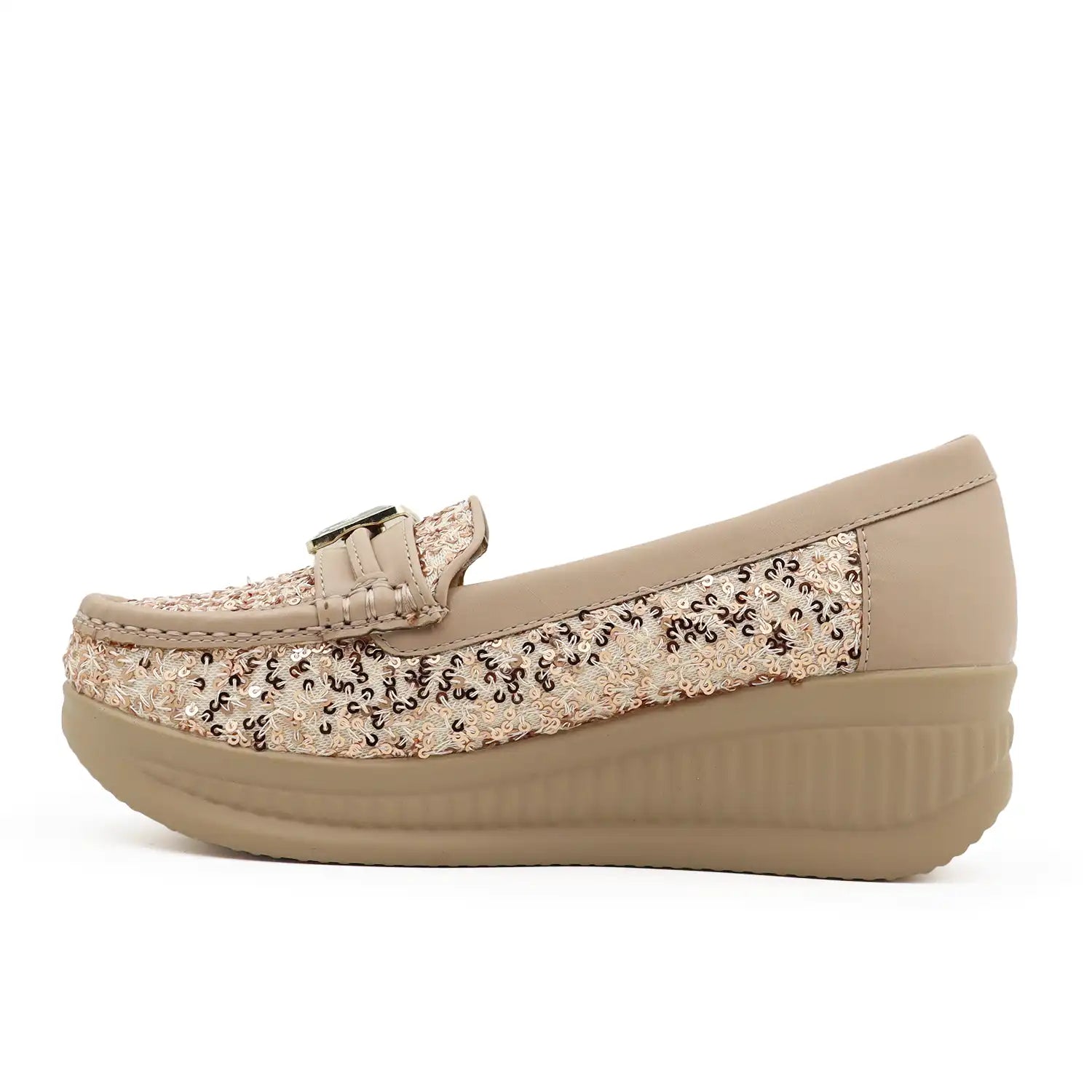 Women's 1.5 inch platform loafers with cushioned shoe bed in Rose gold, side view