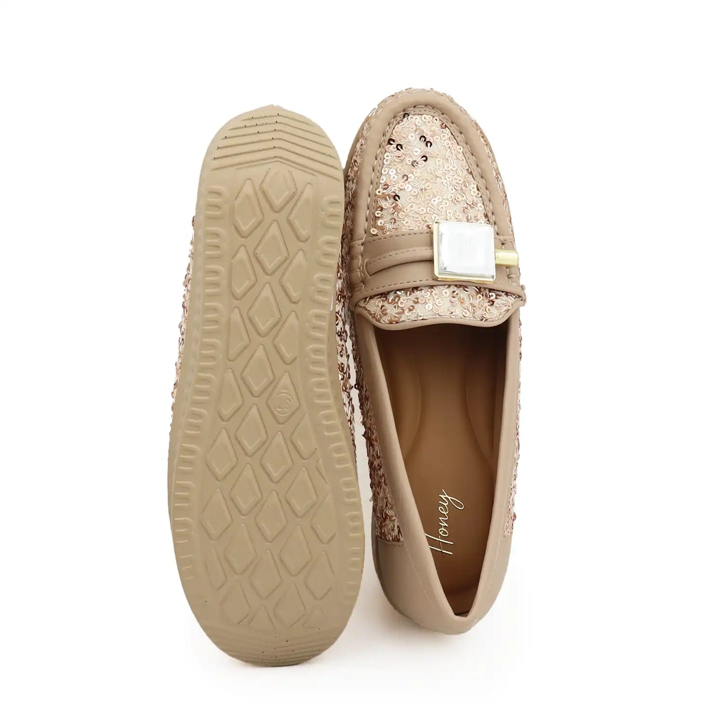 Women's 1.5 inch platform loafers with cushioned shoe bed in Rose gold, top and sole view