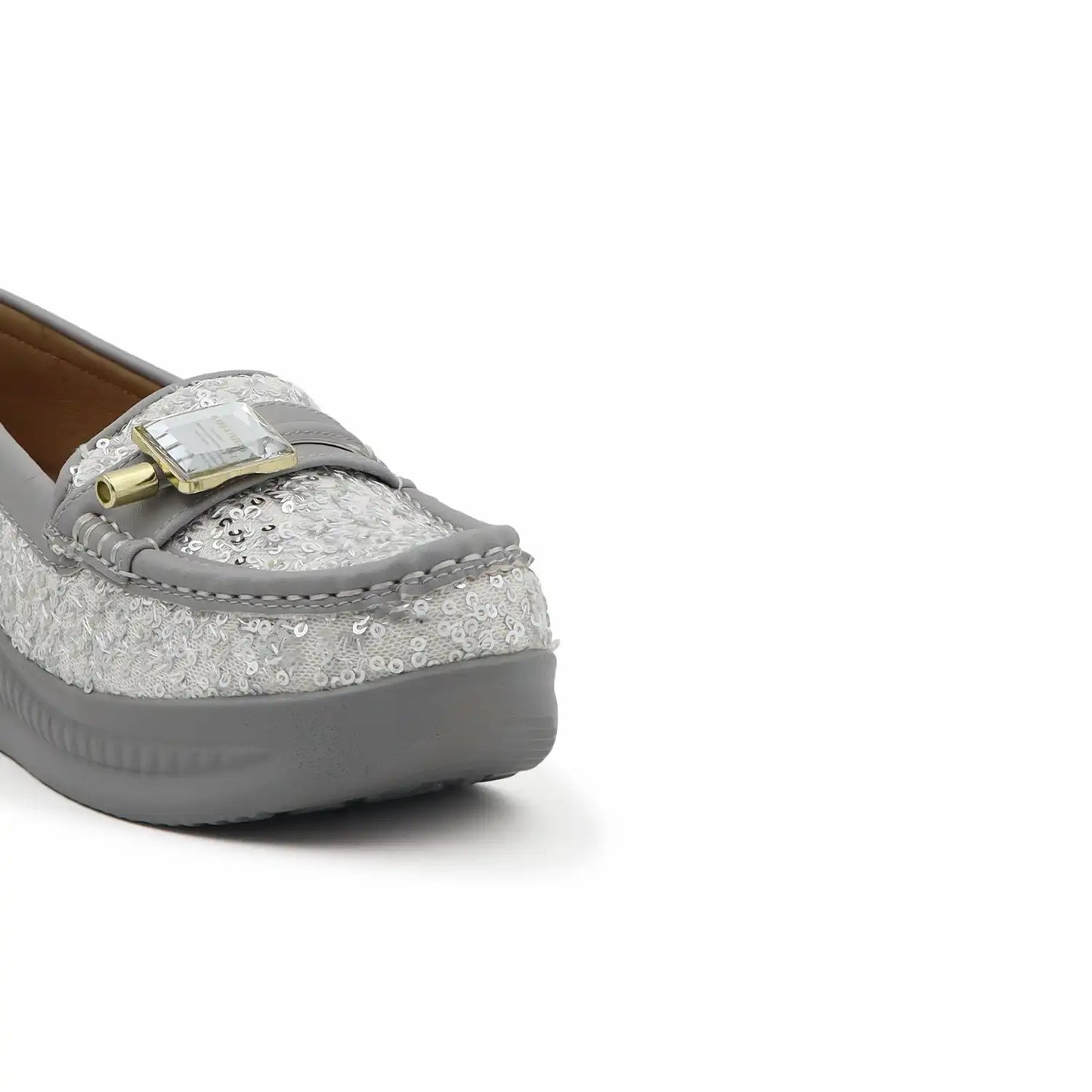 Women's 1.5 inch platform loafers with cushioned shoe bed in Silver color, close-up view