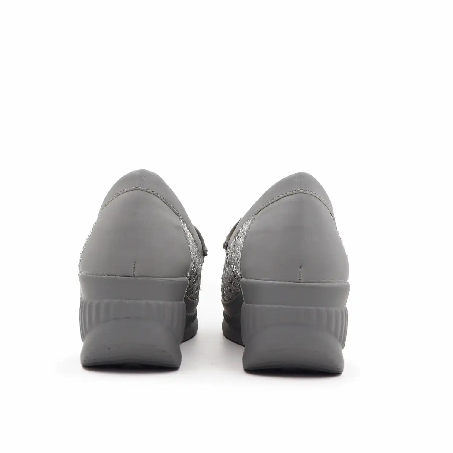 Women's 1.5 inch platform loafers with cushioned shoe bed in Silver color, heel view