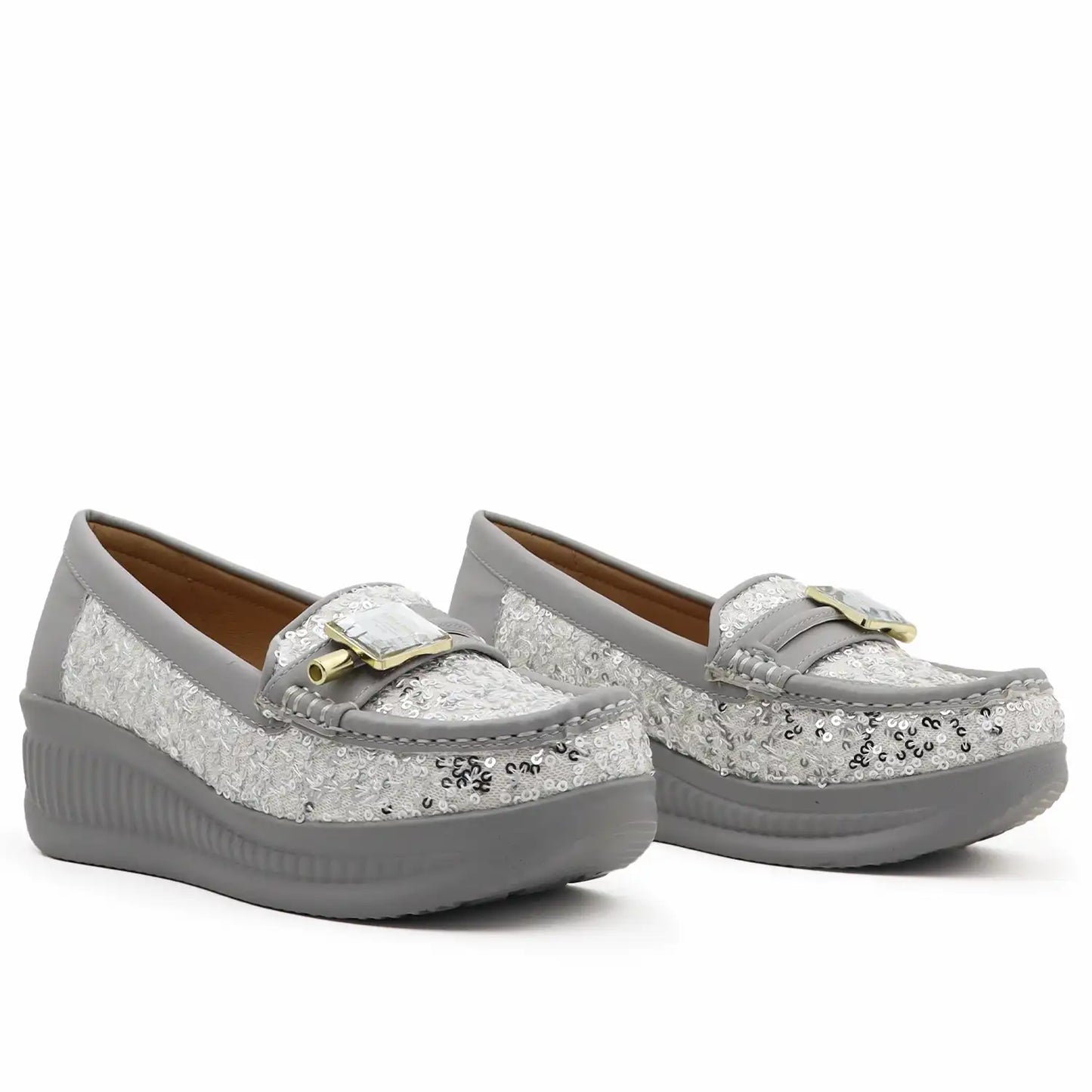 Women's 1.5 inch platform loafers with cushioned shoe bed in Silver color, angled pair view