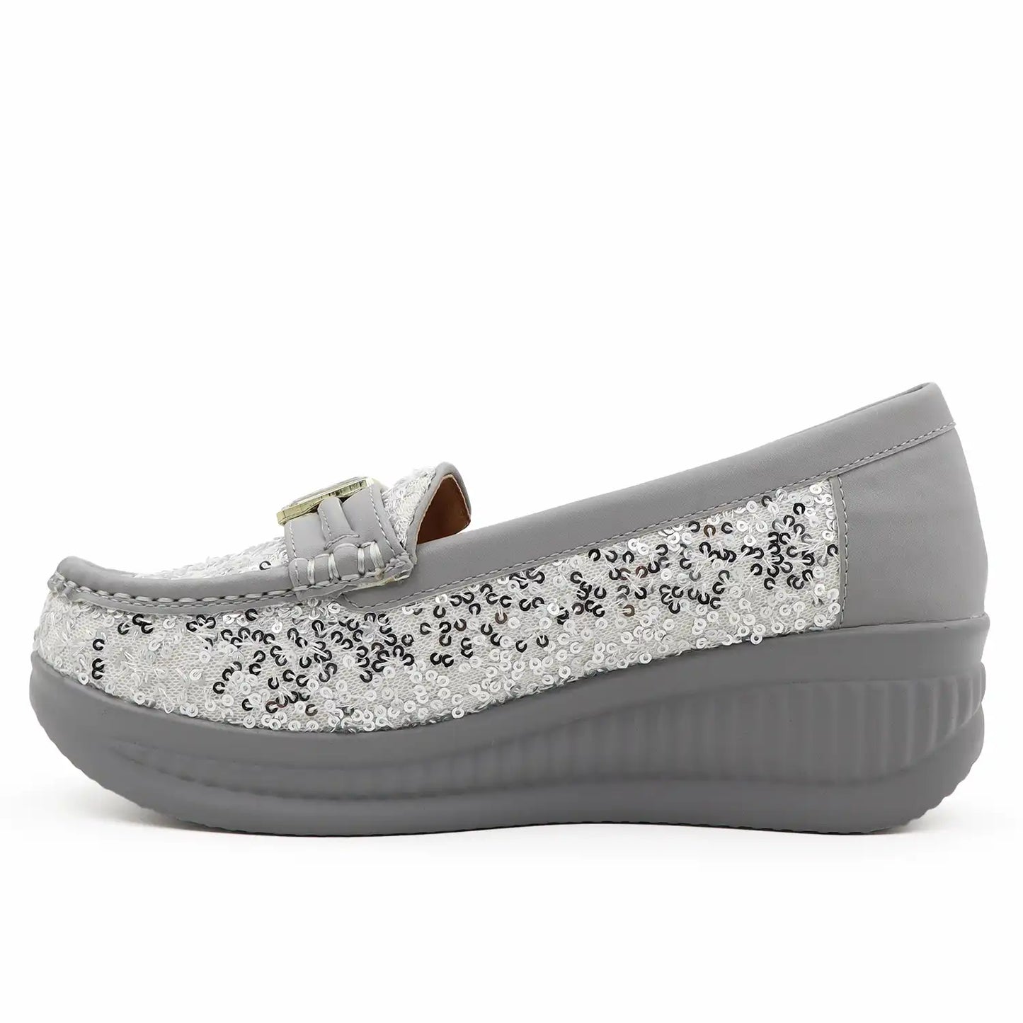 Women's 1.5 inch platform loafers with cushioned shoe bed in Silver color, side view