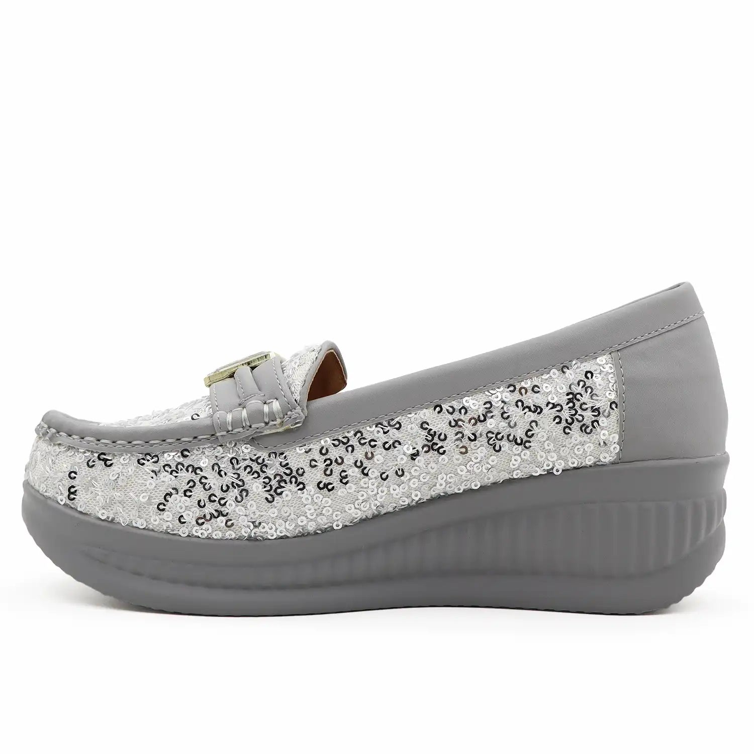 Women's 1.5 inch platform loafers with cushioned shoe bed in Silver color, side view