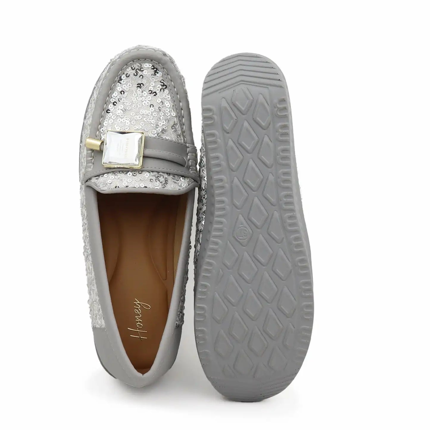 Women's 1.5 inch platform loafers with cushioned shoe bed in Silver color, sole and top view