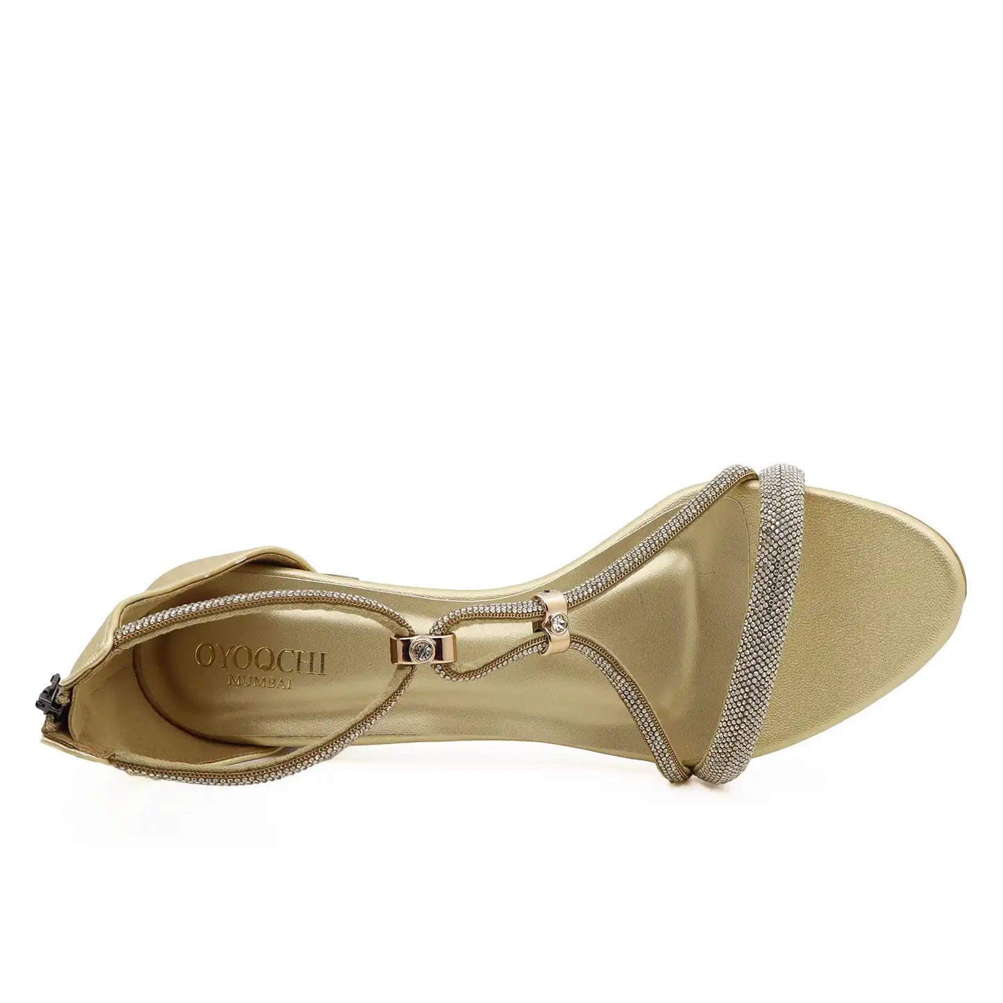 Top view of women gold block heel sandals with thin straps on it