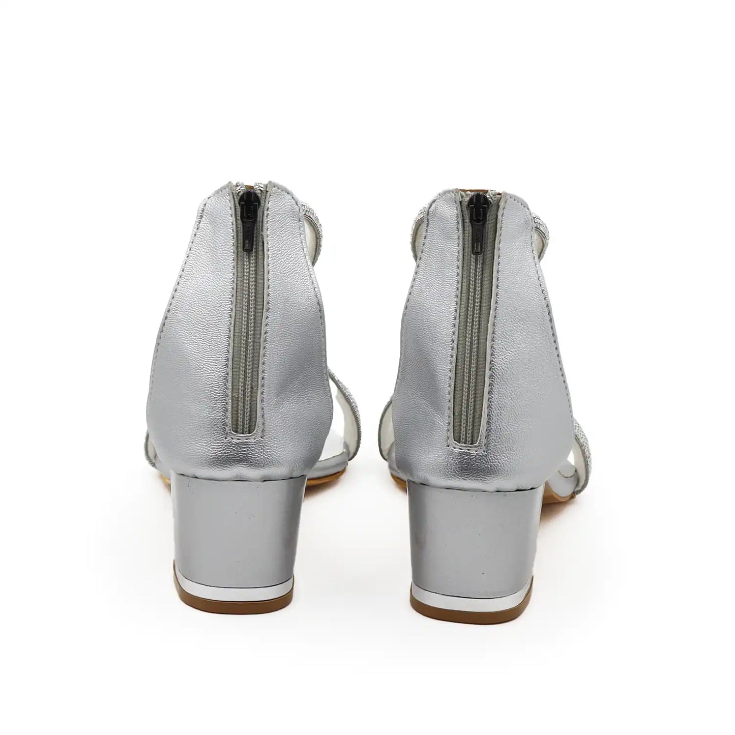 Back block heel view of  women's block heel silver sandals