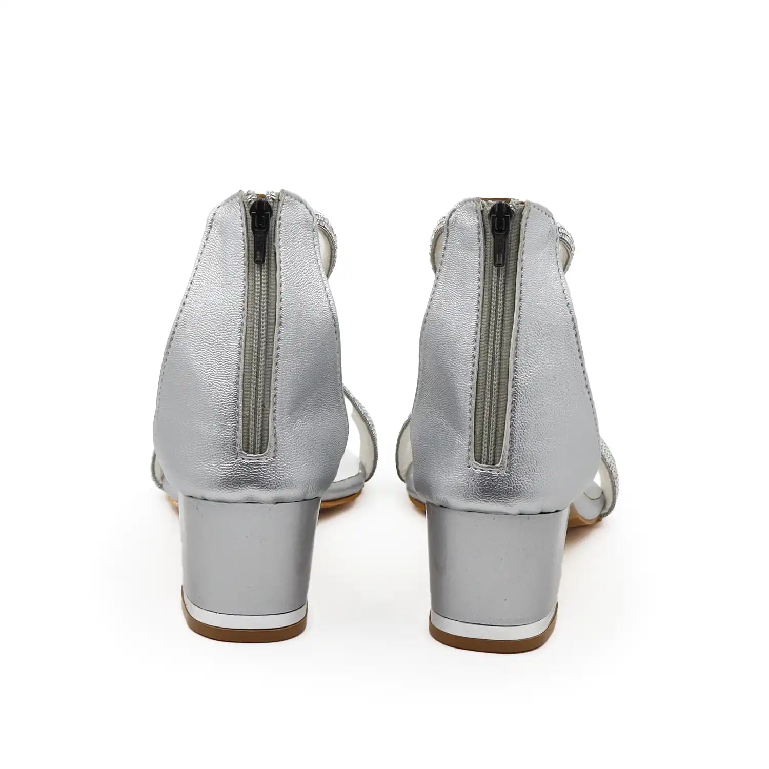 Back block heel view of  women's block heel silver sandals