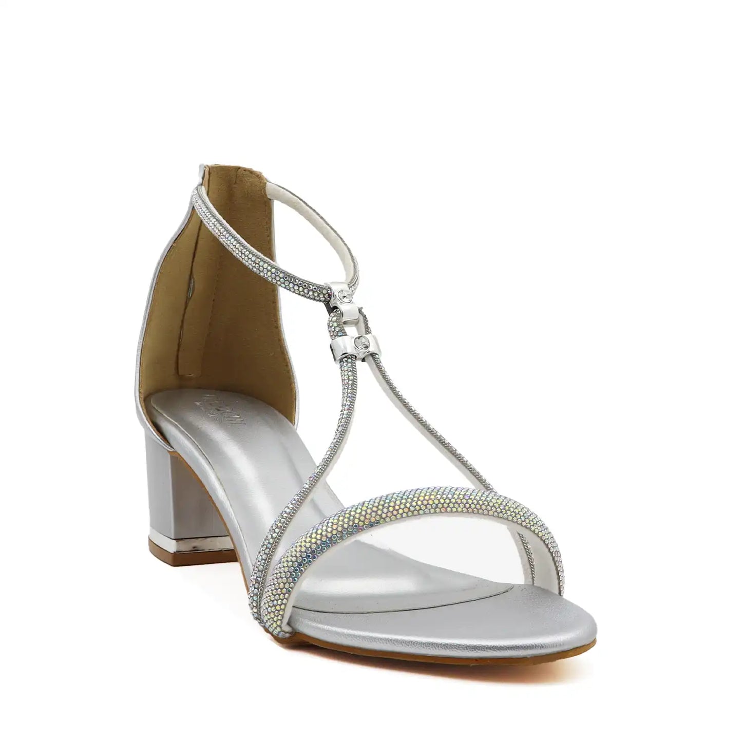Women's silver block heel strappy sandals, angled view