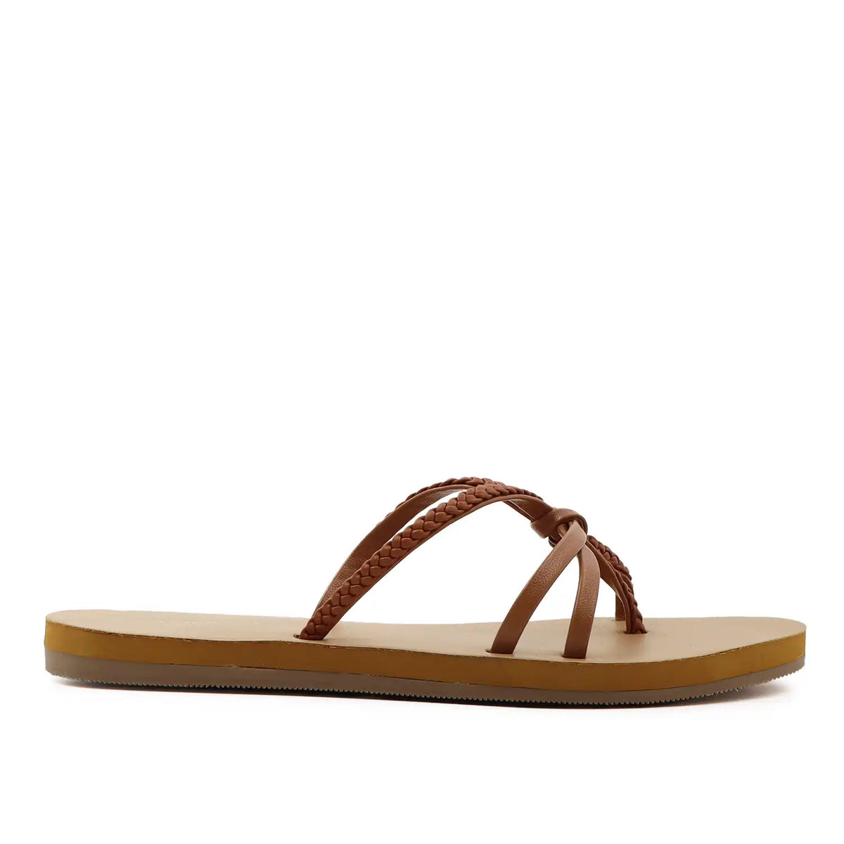 Women's flats tan sandal with braided straps on a white background