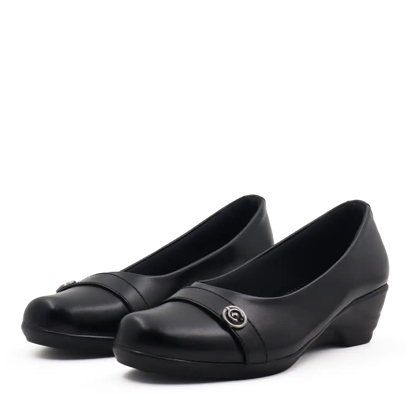 Women's black wedge shoe with a low block heel and comfortable shoe bed, pair view