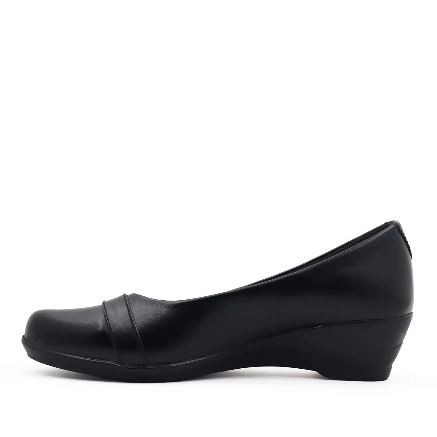 Women's black wedge shoe with a low block heel and comfortable shoe bed, side profile view