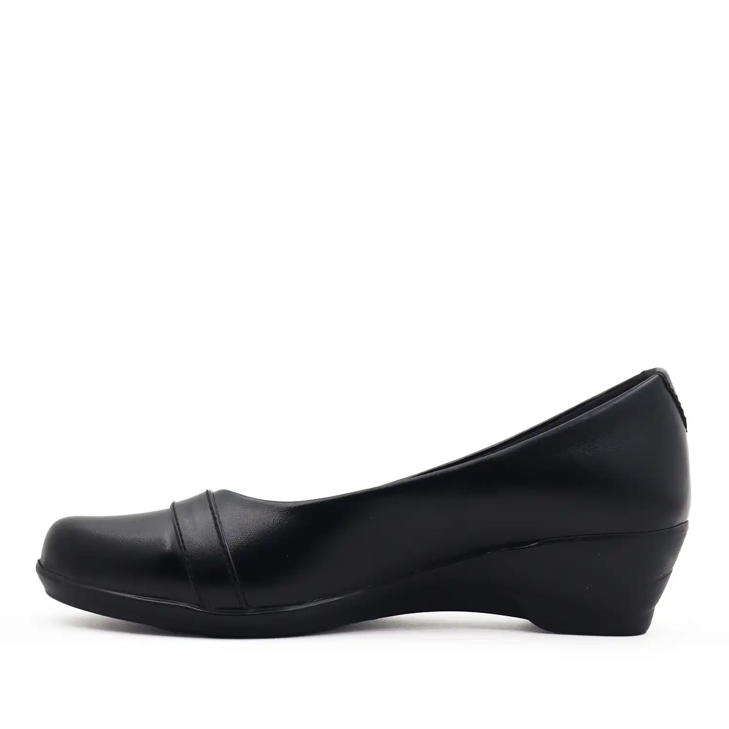 Women's black wedge shoe with a low block heel and comfortable shoe bed, side profile view