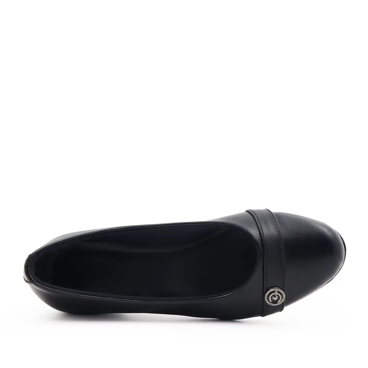 Women's black wedge shoe with a low block heel and comfortable shoe bed, top view
