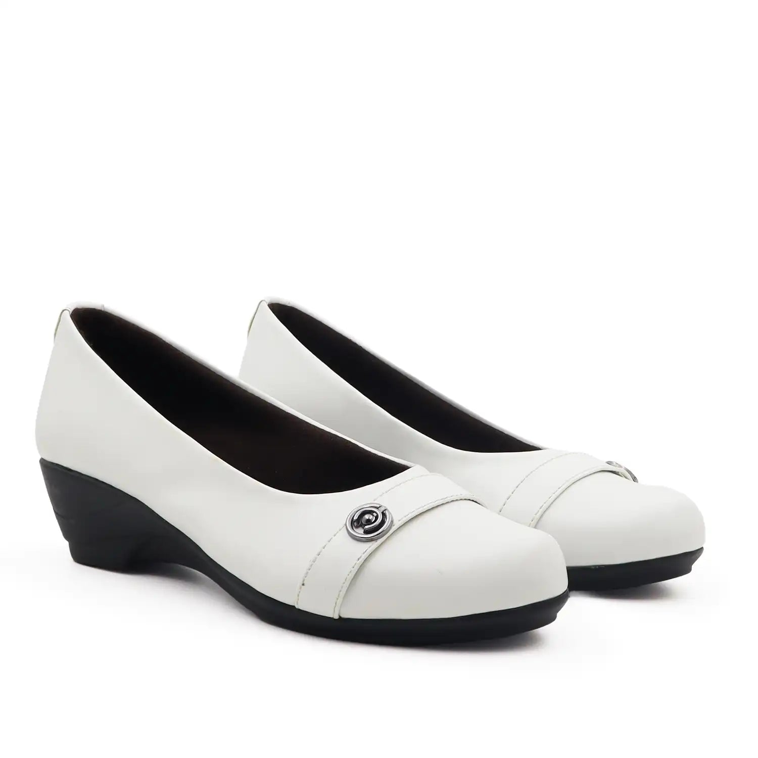 Women's white wedge shoe with a low block heel and comfortable shoe bed, pair view