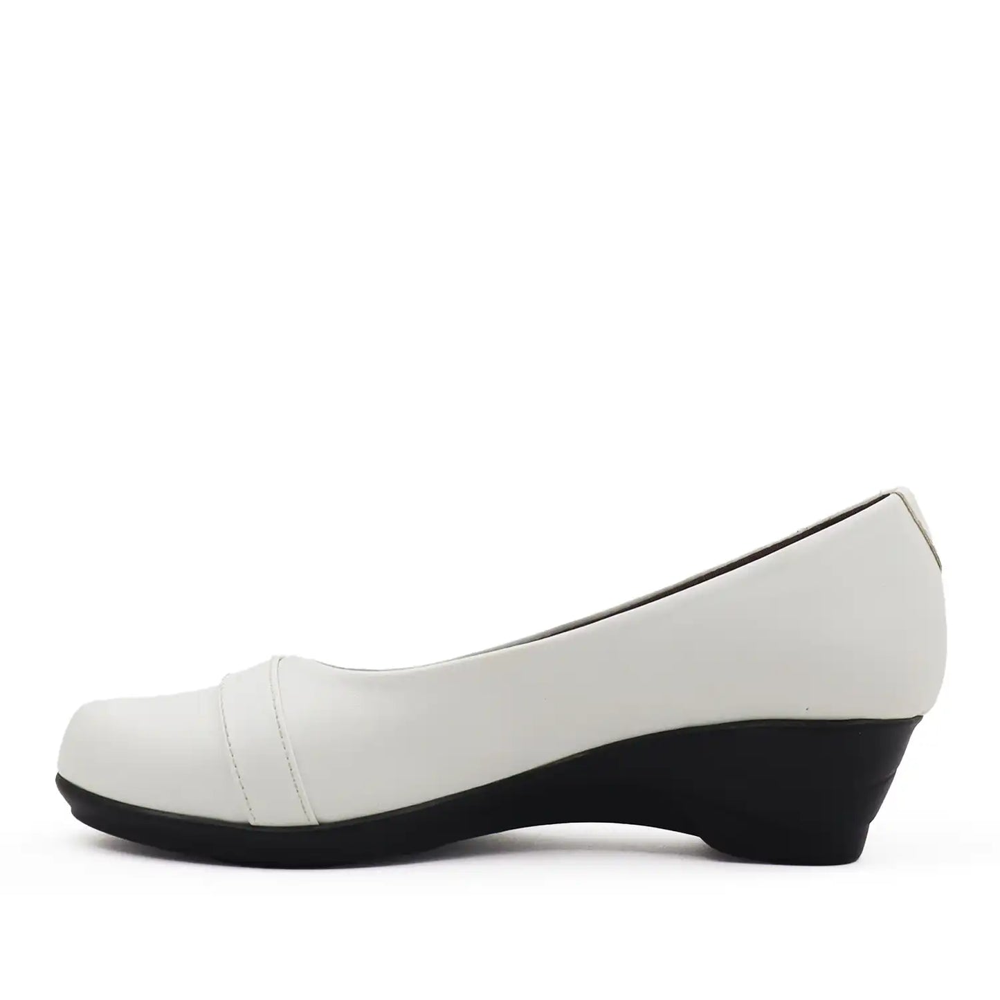 Women's white wedge shoe with a low block heel and comfortable shoe bed, side view