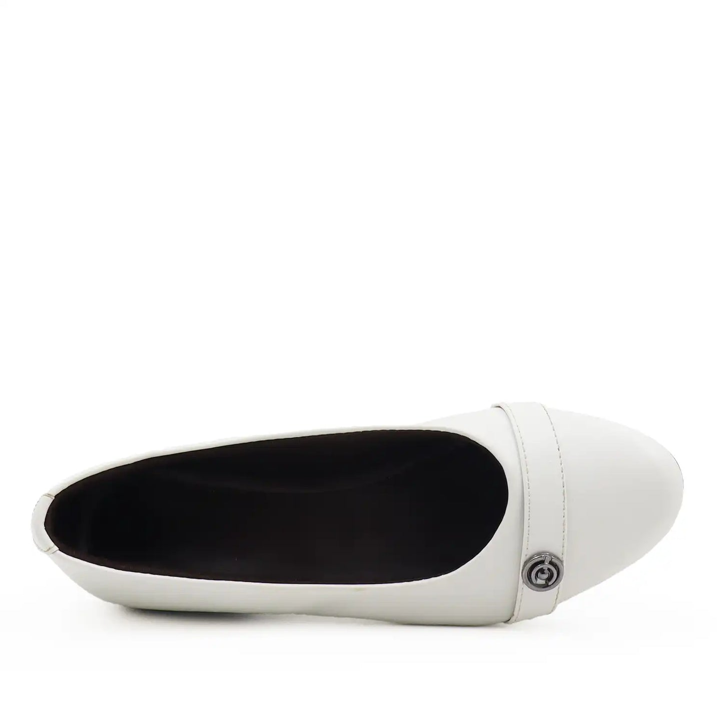 Top view of women's white wedge shoe with a low block heel and comfortable shoe bed