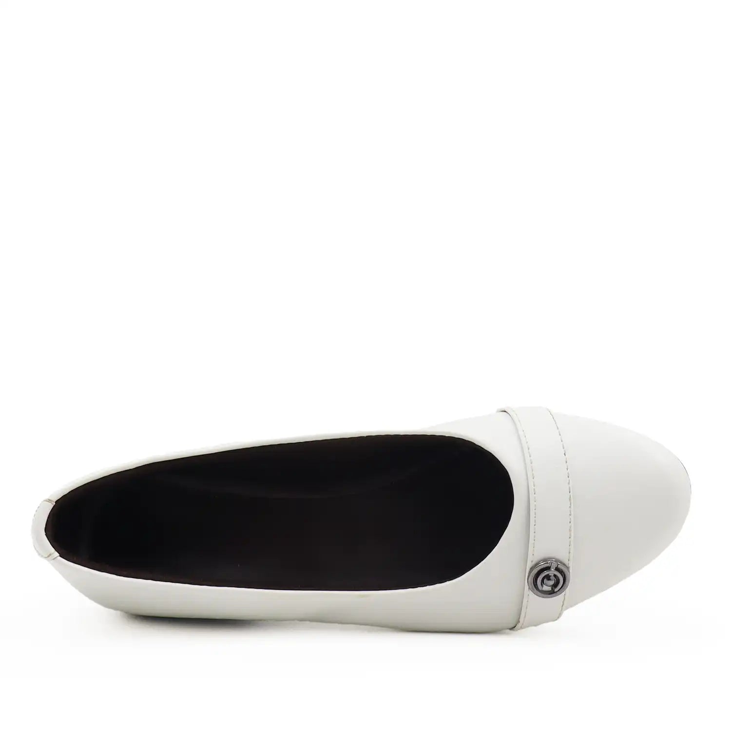 Top view of women's white wedge shoe with a low block heel and comfortable shoe bed