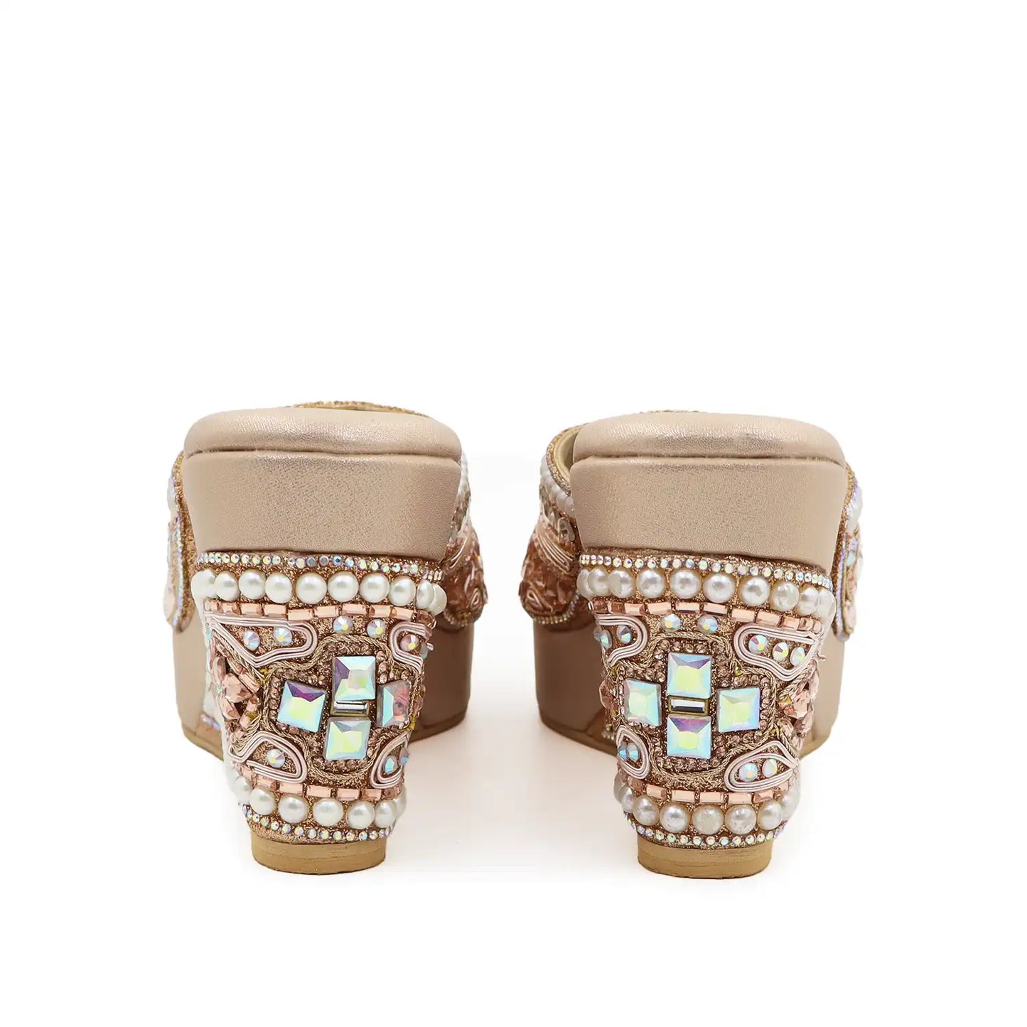 Women's Premium Ethnic Rose gold Wedge Sandals with 3.5-inch heel, 1-inch platform and pearl embellishments, heel view