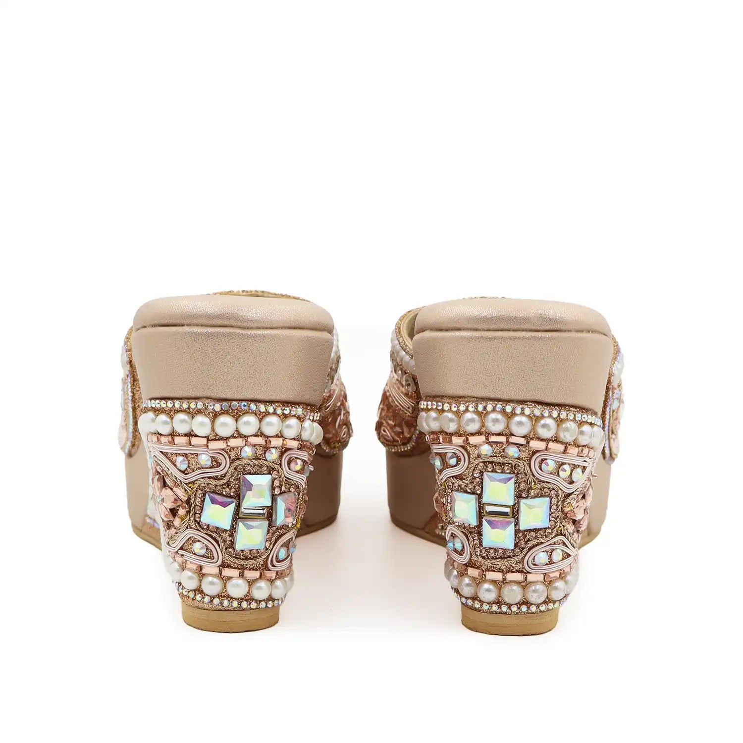 Women's Premium Ethnic Rose gold Wedge Sandals with 3.5-inch heel, 1-inch platform and pearl embellishments, heel view