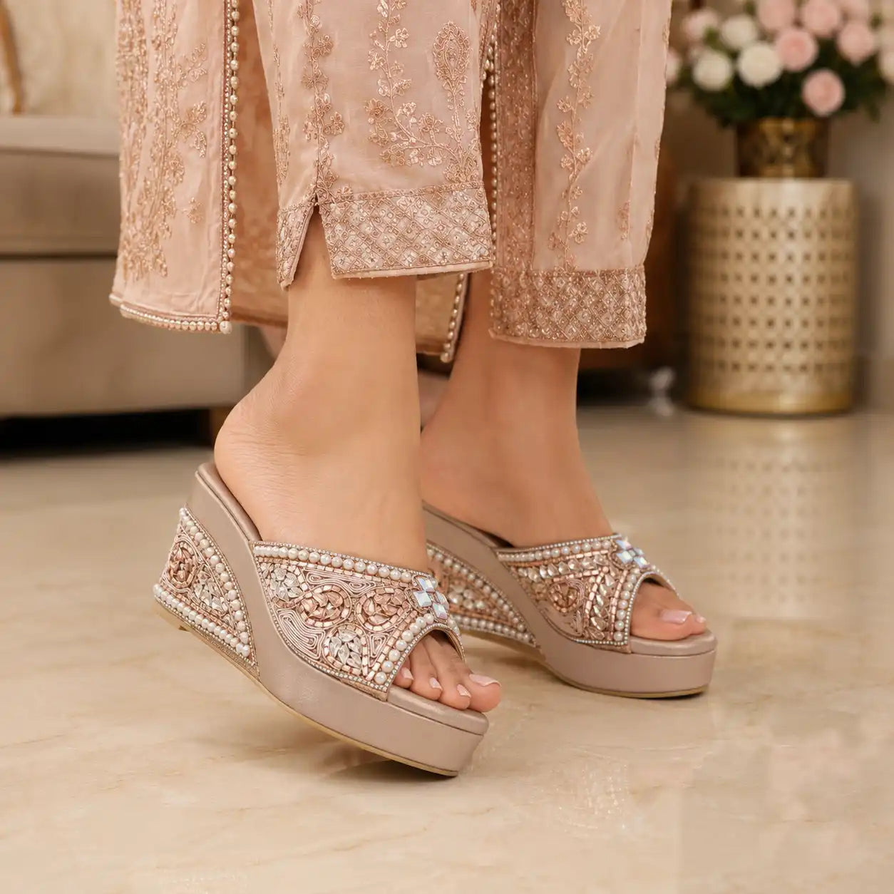 OYOQCHI Women's Premium Ethnic Rose gold Wedge Sandals with 3.5-inch heel, 1-inch platform and pearl embellishments, lifestyle