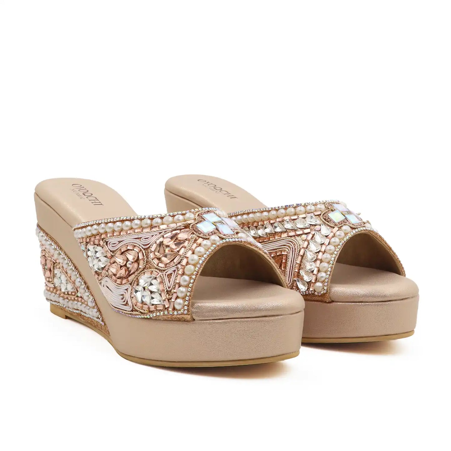 OYOQCHI Women's Premium Ethnic Rose gold Wedge Sandals with 3.5-inch heel, 1-inch platform and pearl embellishments, pair view