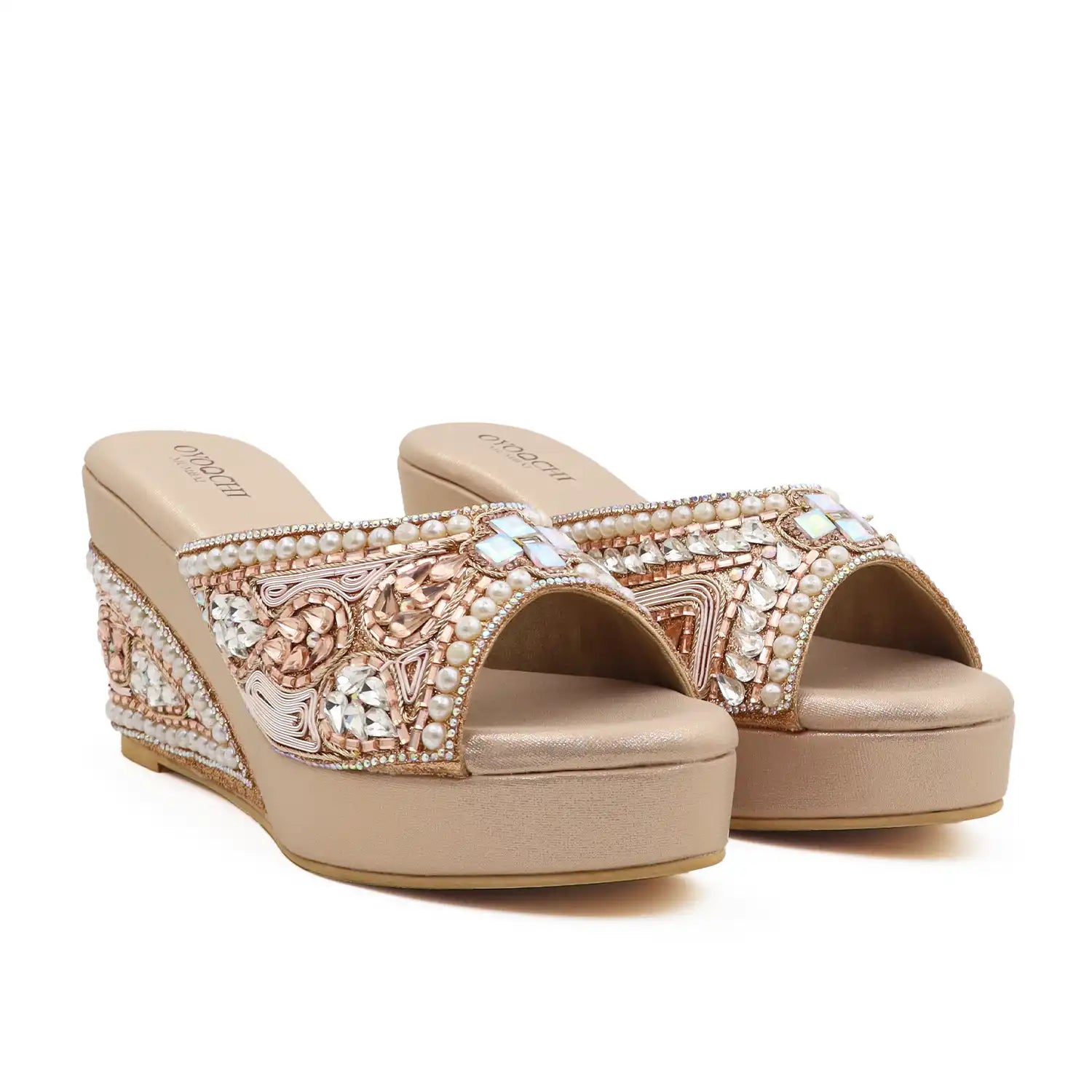 OYOQCHI Women's Premium Ethnic Rose gold Wedge Sandals with 3.5-inch heel, 1-inch platform and pearl embellishments, pair view
