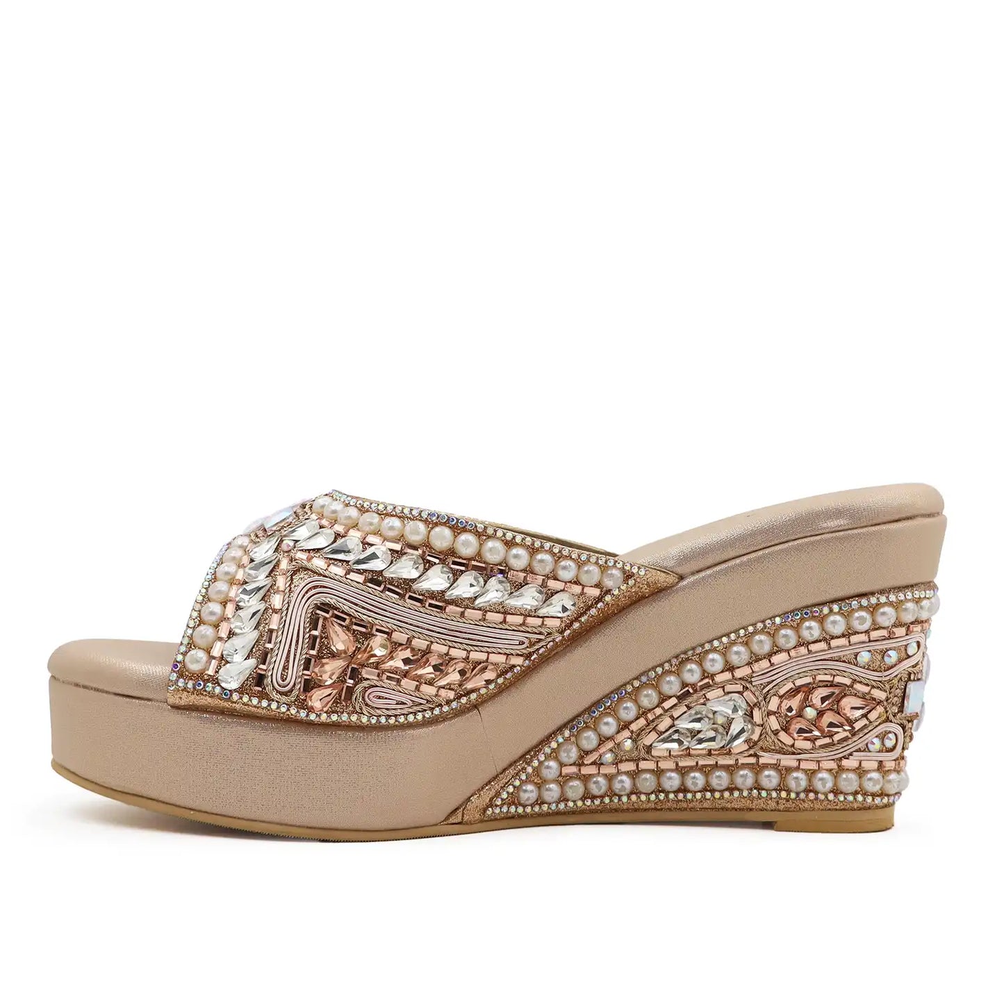Women's Premium Ethnic Rose gold Wedge Sandals with 3.5-inch heel, 1-inch platform and pearl embellishments,  side profile view