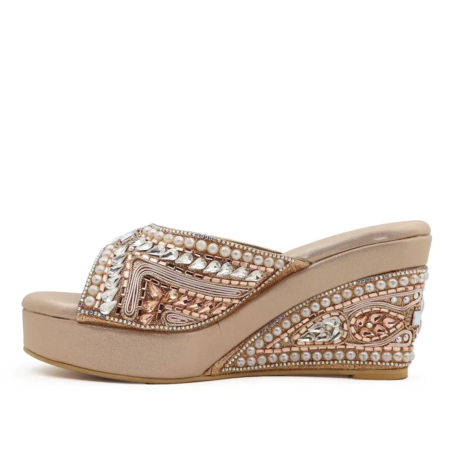 Women's Premium Ethnic Rose gold Wedge Sandals with 3.5-inch heel, 1-inch platform and pearl embellishments,  side profile view