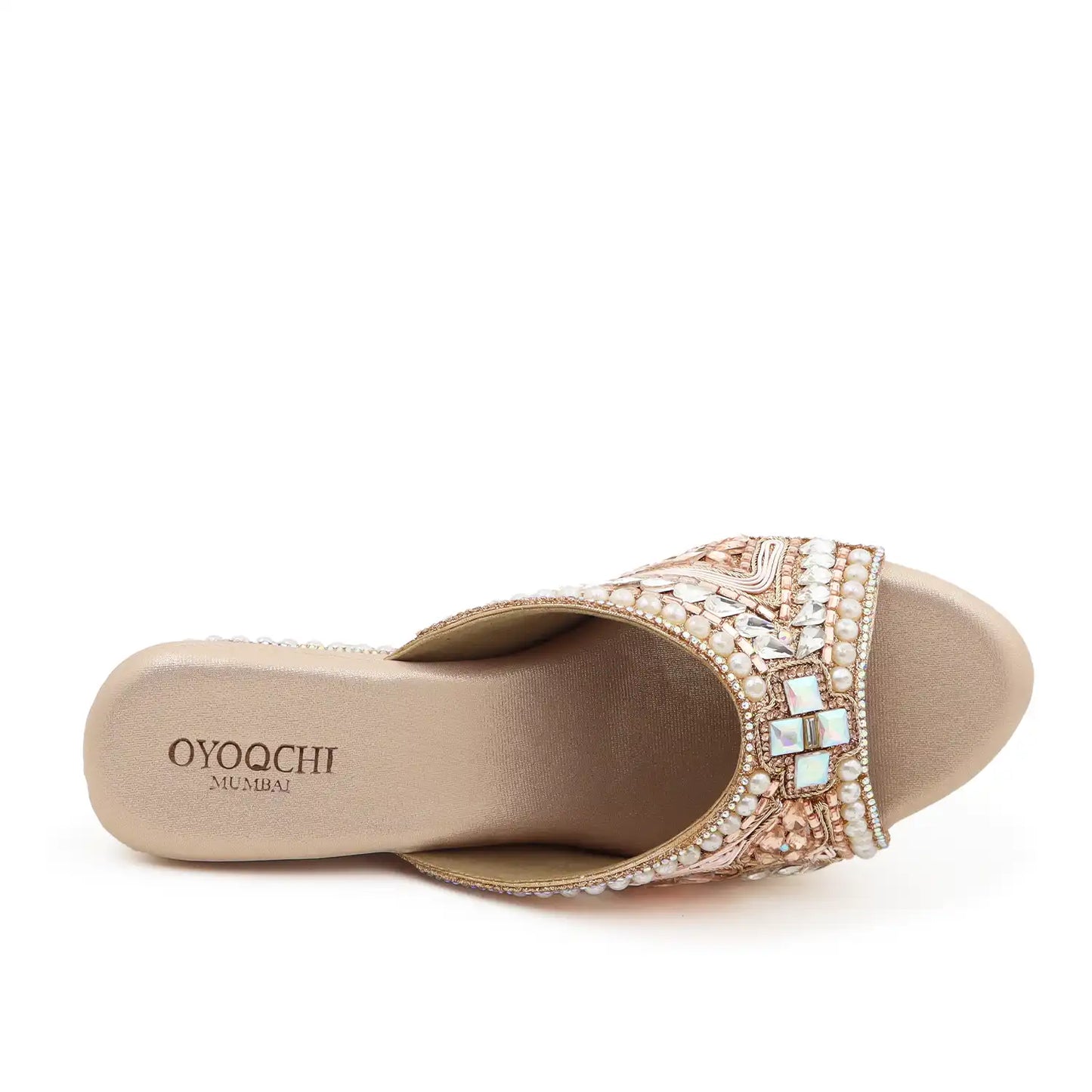 Women's Premium Ethnic Rose gold Wedge Sandals with 3.5-inch heel, 1-inch platform and pearl embellishments, top view