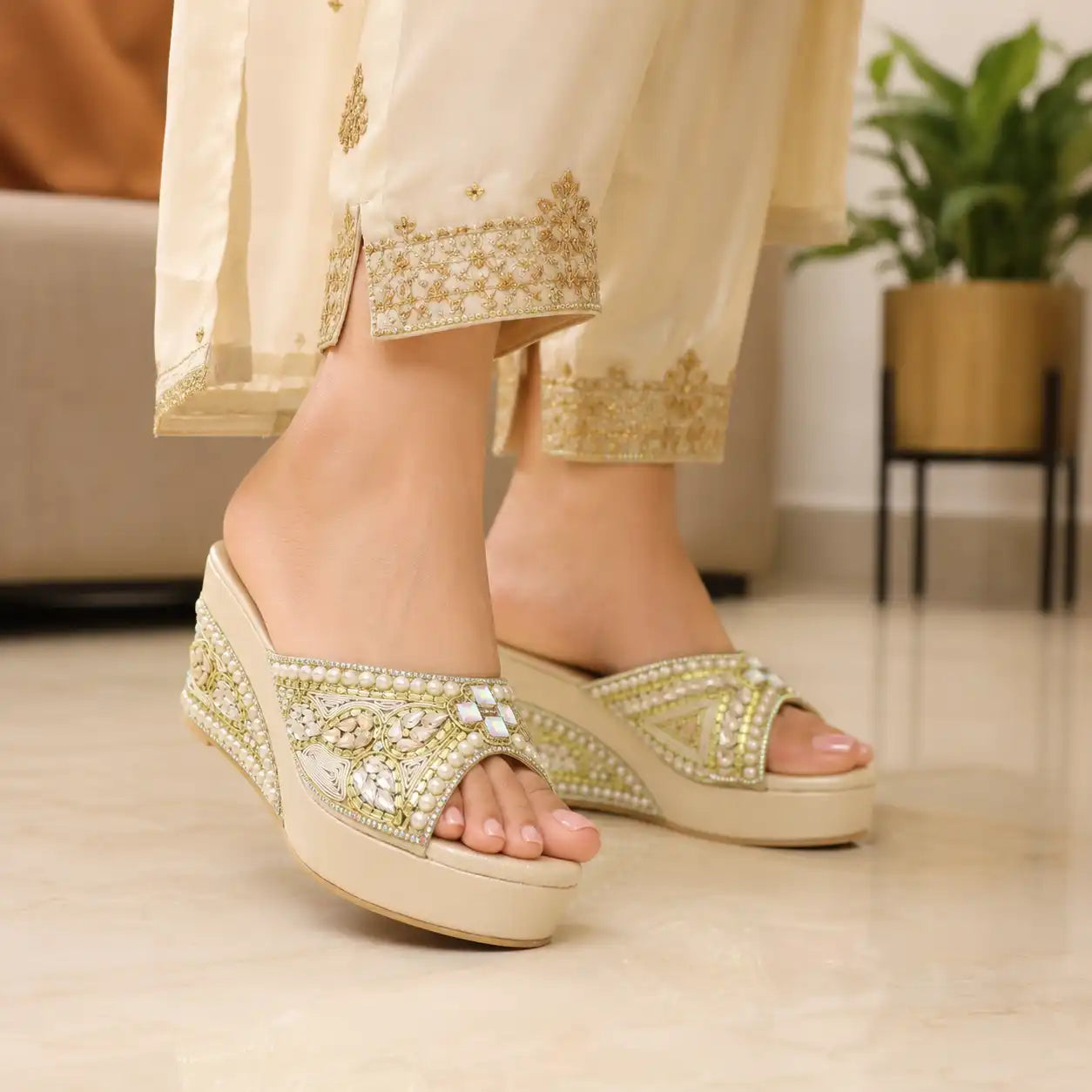Women's Premium Ethnic gold Wedge Sandals with 3.5-inch heel, 1-inch platform and pearl embellishments, lifestyle