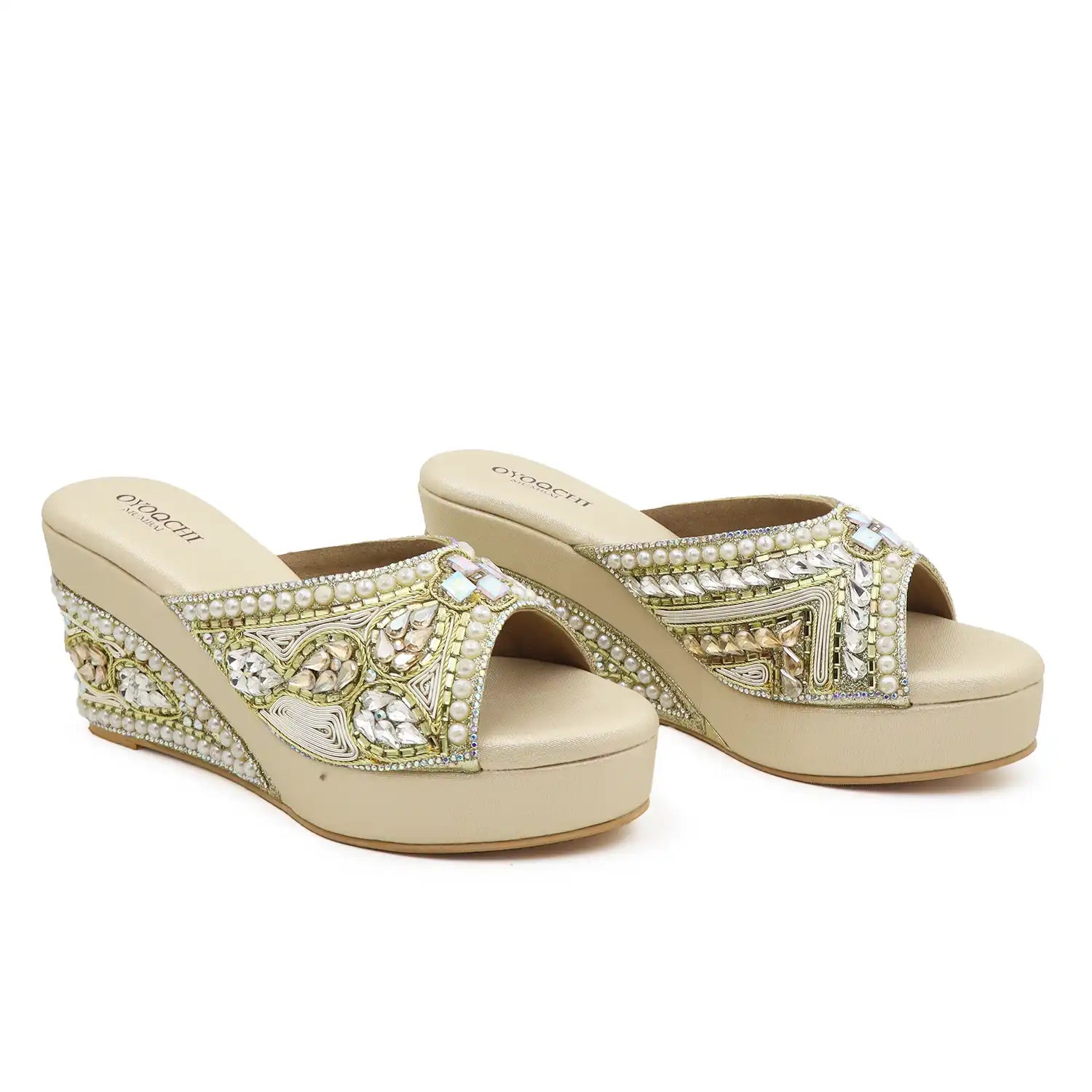 Women's Premium Ethnic gold Wedge Sandals with 3.5-inch heel, 1-inch platform and pearl embellishments, pair view