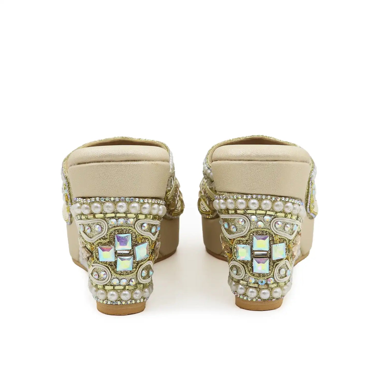 Women's Premium Ethnic gold Wedge Sandals with 3.5-inch heel, 1-inch platform and pearl embellishments, heel view