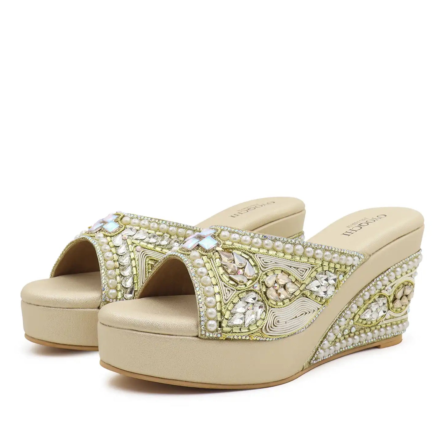 Women's Premium Ethnic gold Wedge Sandals with 3.5-inch heel, 1-inch platform and pearl embellishments, pair vew