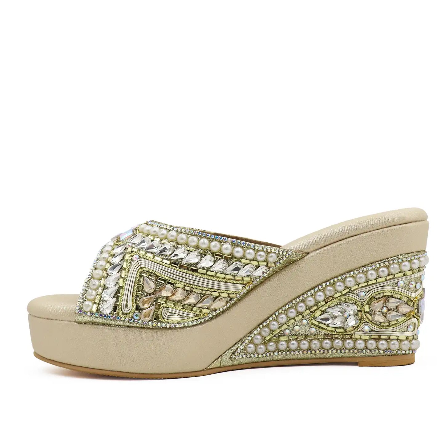 Women's Premium Ethnic gold Wedge Sandals with 3.5-inch heel, 1-inch platform and pearl embellishments, side profile view