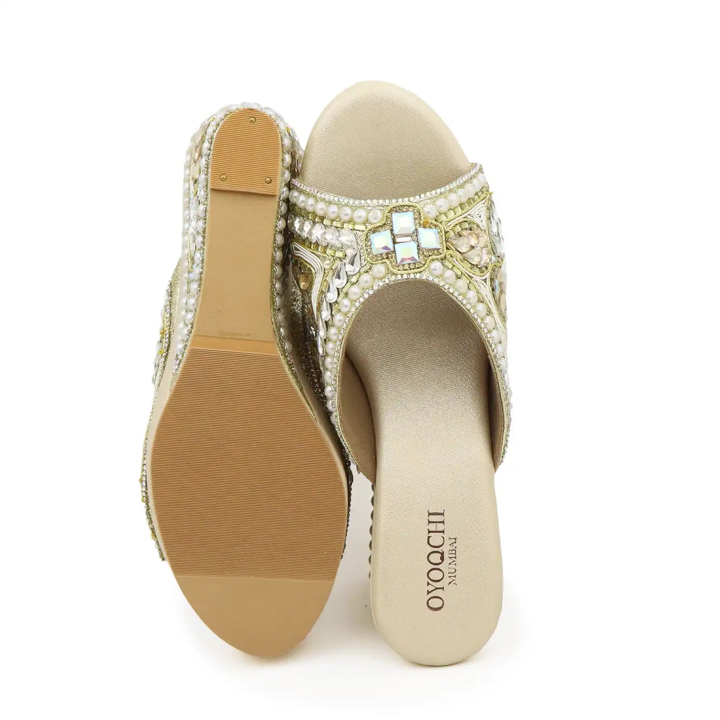Women's Premium Ethnic gold Wedge Sandals with 3.5-inch heel, 1-inch platform and pearl embellishments, sole and top vew